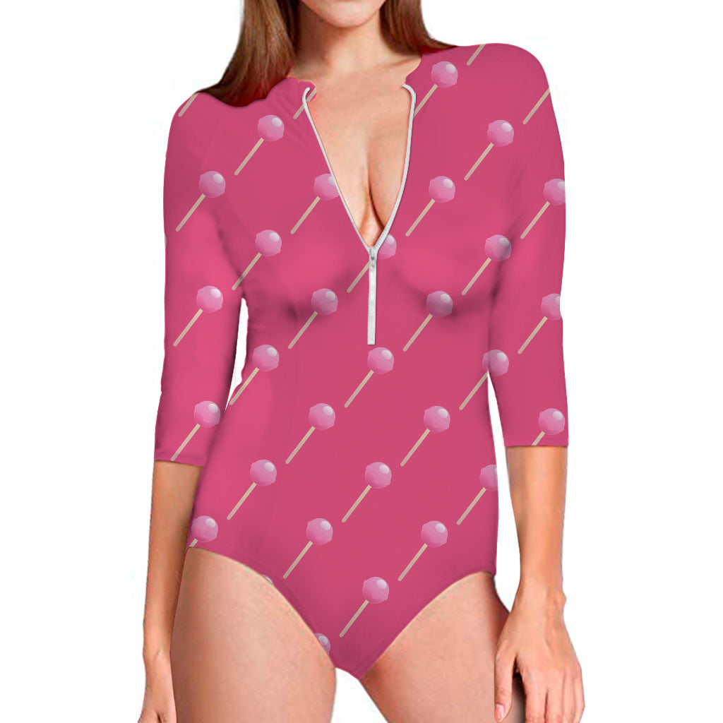 Pink Sweet Lollipop Pattern Print Long Sleeve One Piece Swimsuit