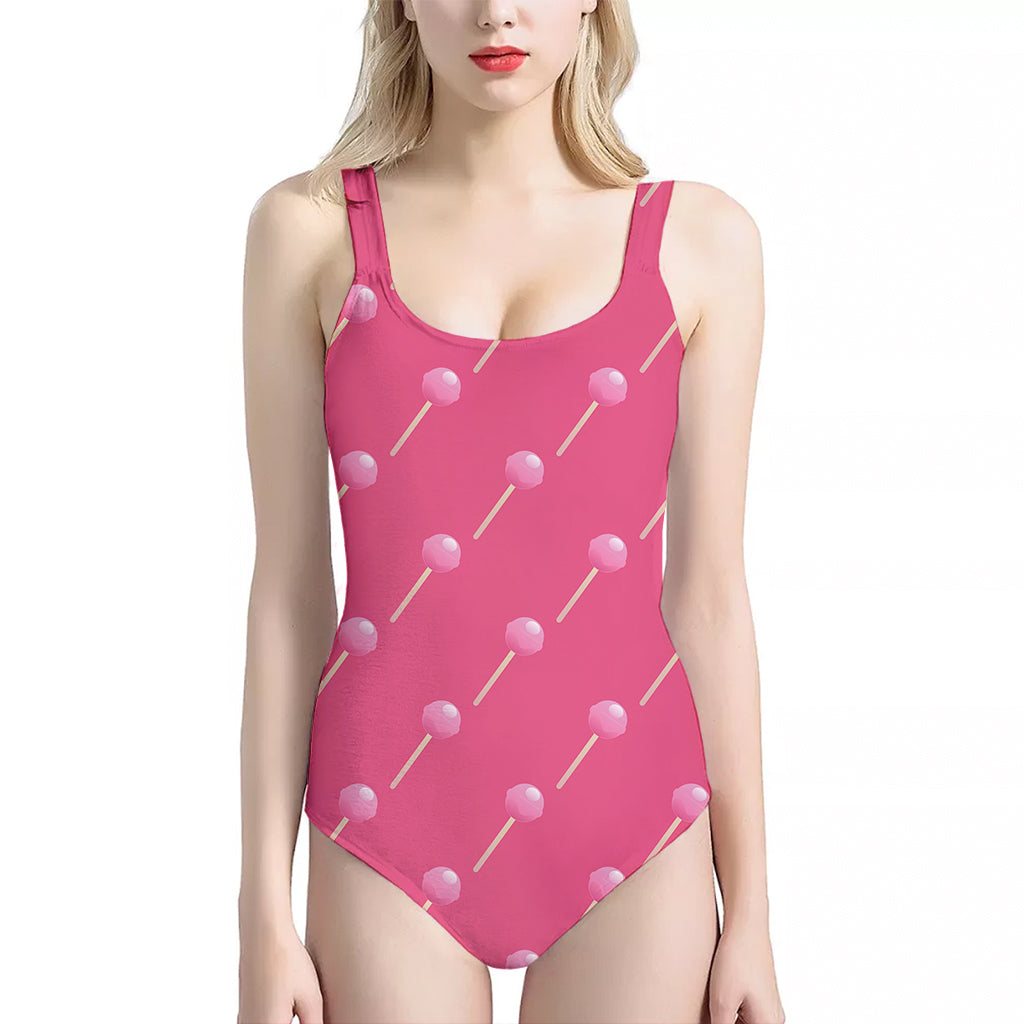 Pink Sweet Lollipop Pattern Print One Piece Halter Neck Swimsuit