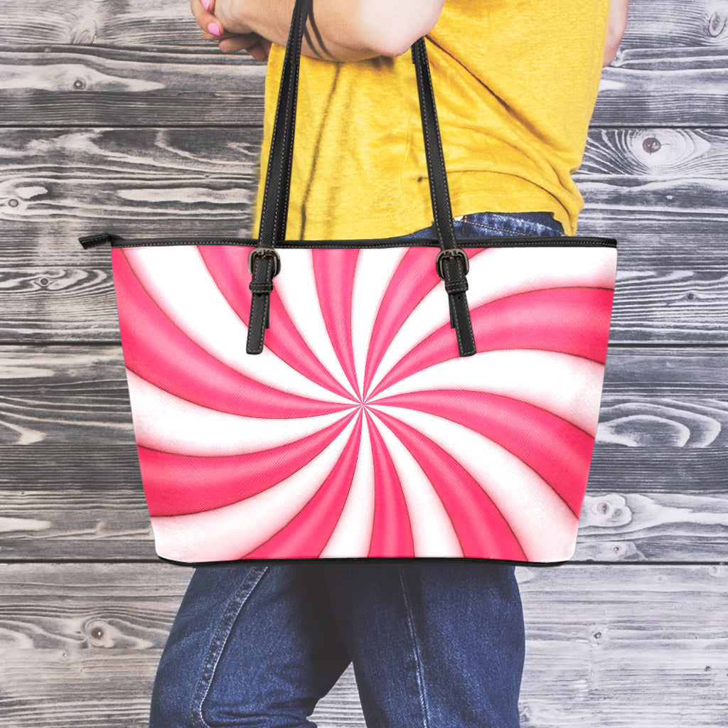 Pink Swirl Candy Print Leather Tote Bag