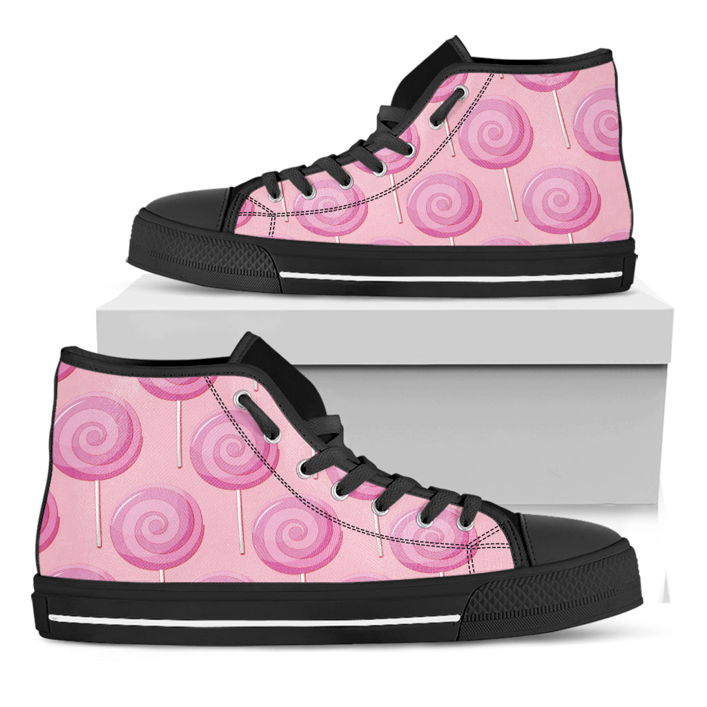 Pink Swirl Lollipop Pattern Print Black High Top Shoes