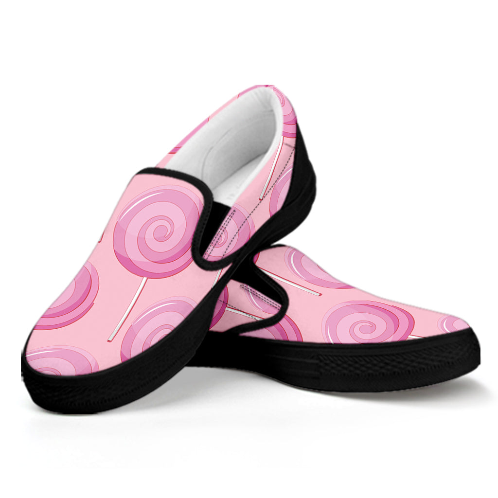 Pink Swirl Lollipop Pattern Print Black Slip On Shoes