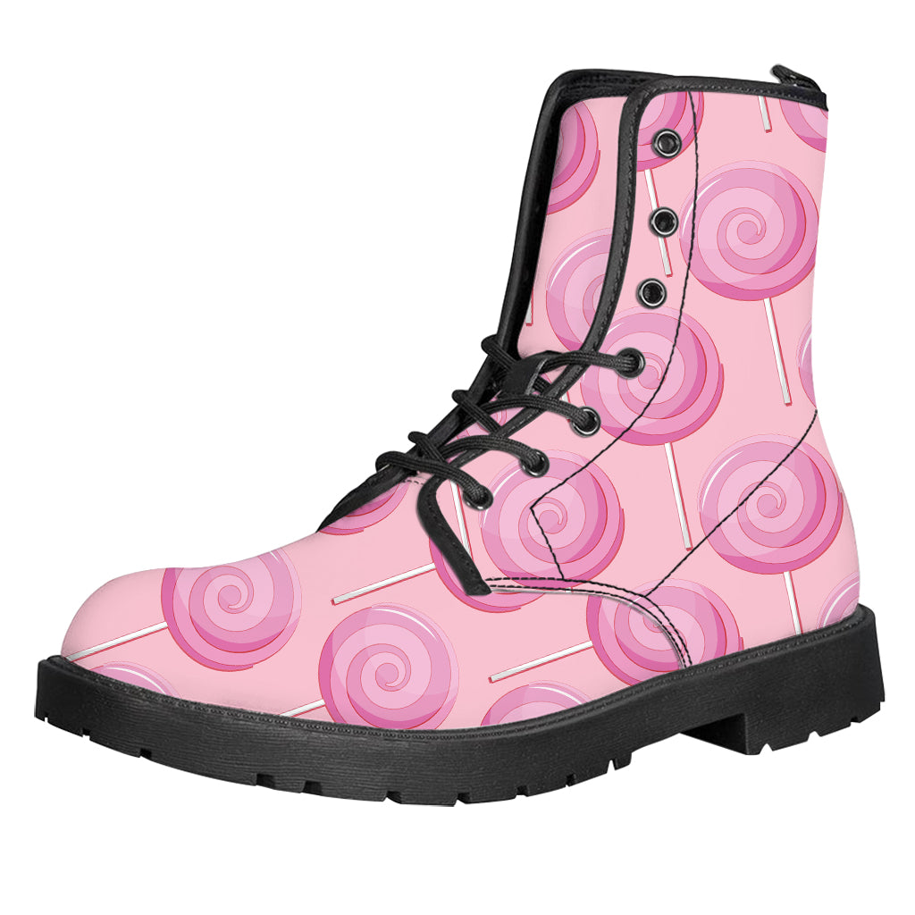 Pink Swirl Lollipop Pattern Print Leather Boots