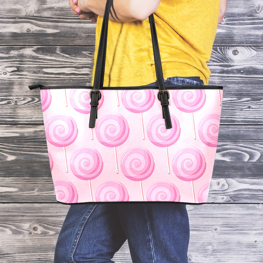 Pink Swirl Lollipop Pattern Print Leather Tote Bag