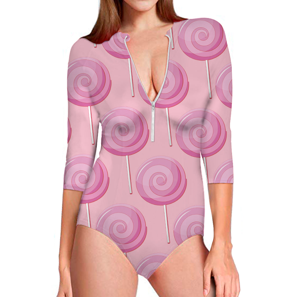 Pink Swirl Lollipop Pattern Print Long Sleeve One Piece Swimsuit