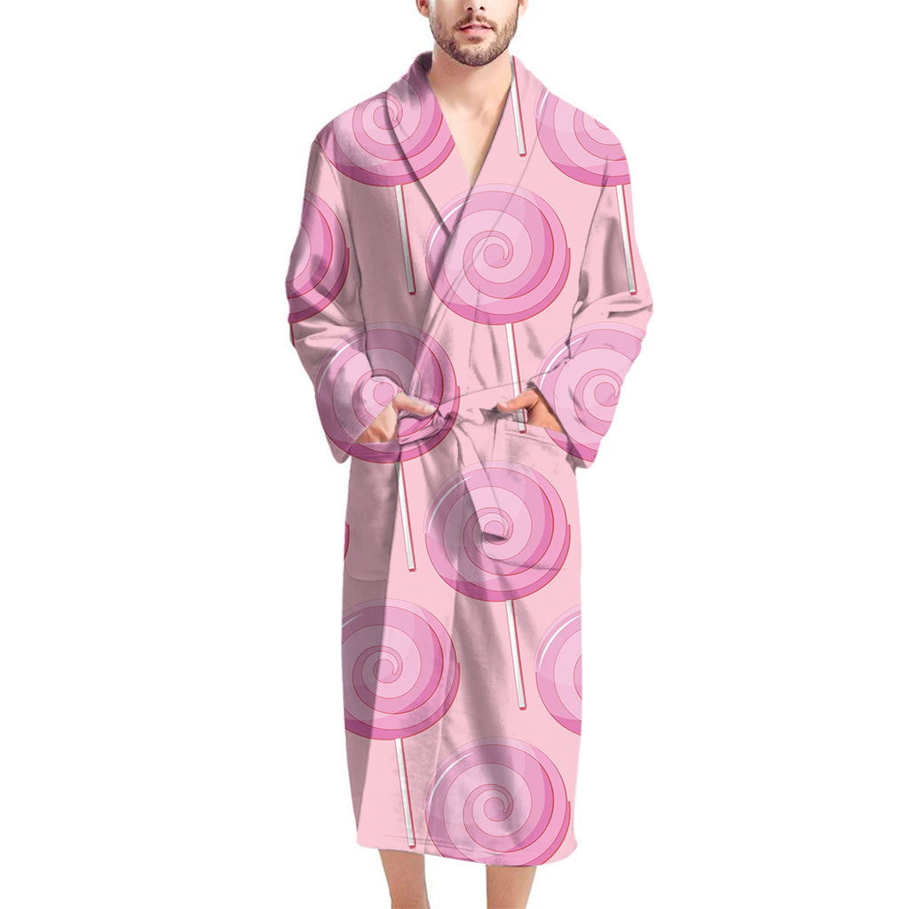 Pink Swirl Lollipop Pattern Print Men's Bathrobe