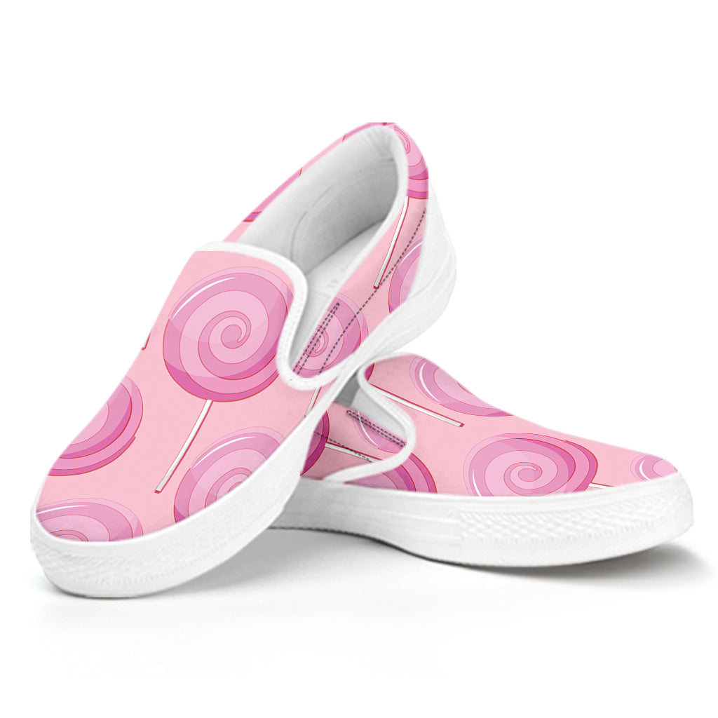 Pink Swirl Lollipop Pattern Print White Slip On Shoes