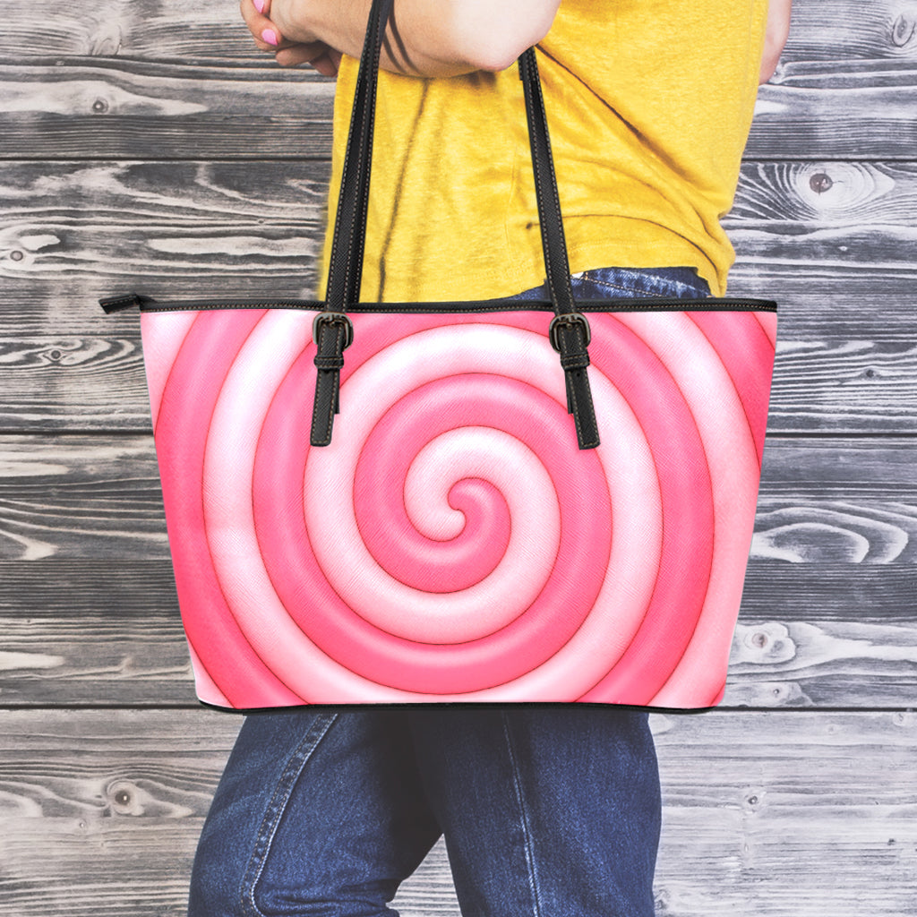 Pink Swirl Lollipop Print Leather Tote Bag