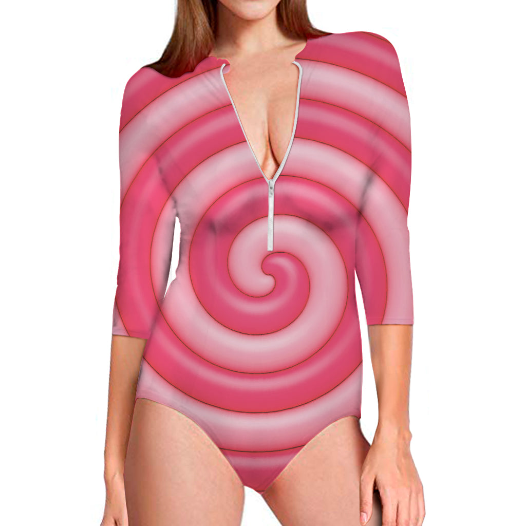 Pink Swirl Lollipop Print Long Sleeve One Piece Swimsuit