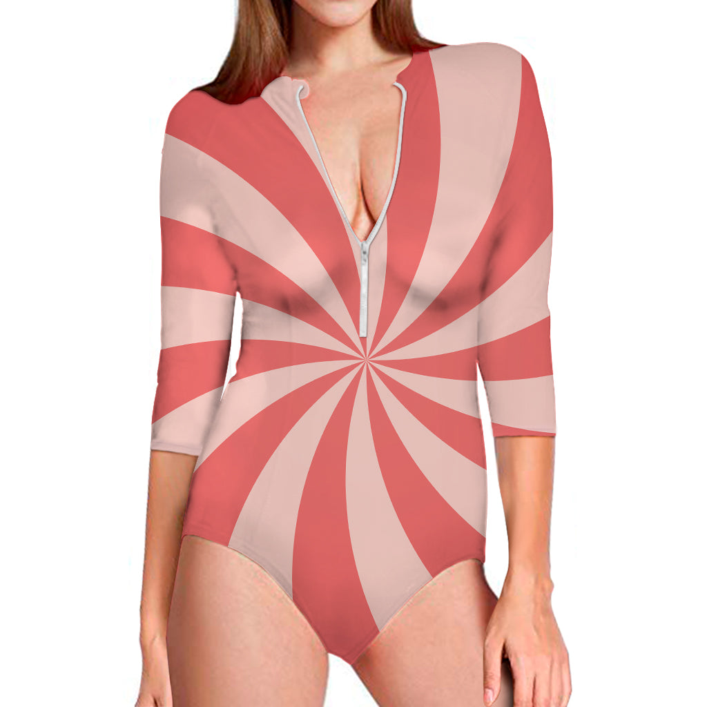 Pink Swirl Print Long Sleeve One Piece Swimsuit