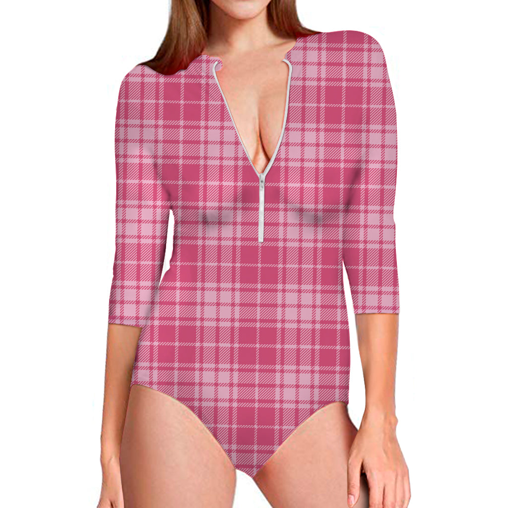 Pink Tartan Pattern Print Long Sleeve One Piece Swimsuit