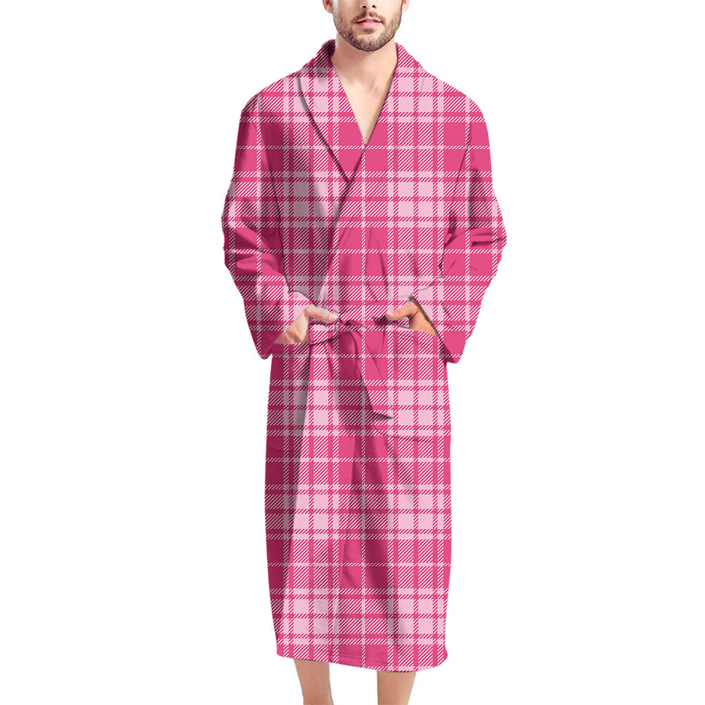 Pink Tartan Pattern Print Men's Bathrobe