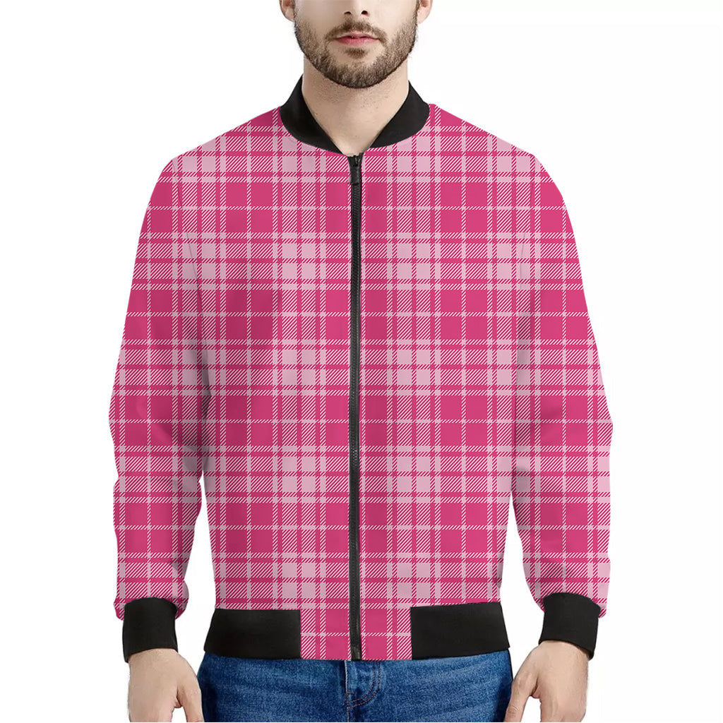 Pink Tartan Pattern Print Men's Bomber Jacket