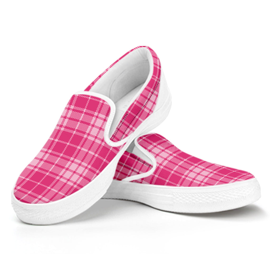 Pink Tartan Pattern Print White Slip On Shoes