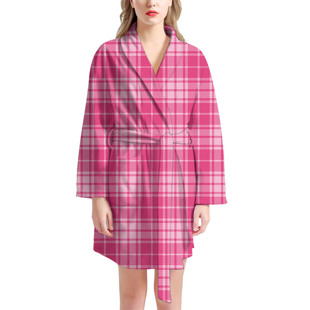 Pink Tartan Pattern Print Women's Bathrobe