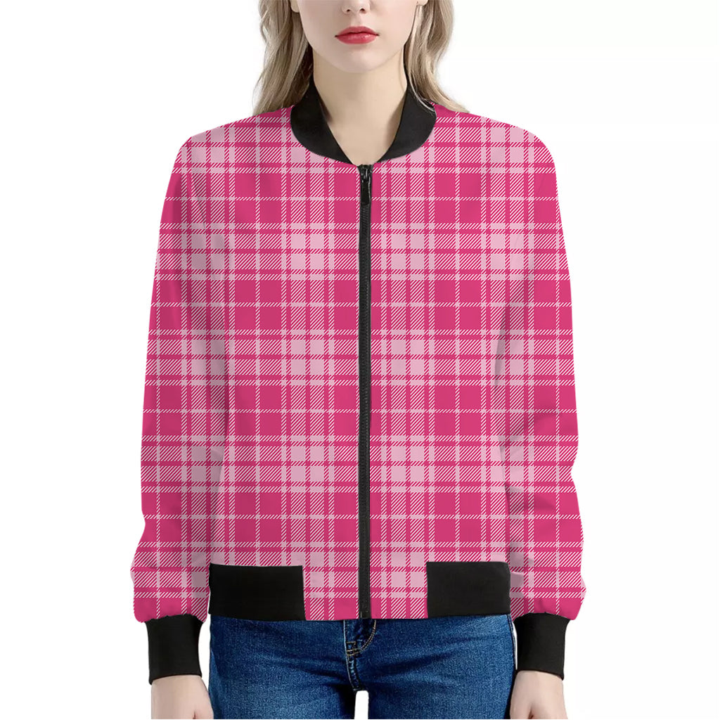 Pink Tartan Pattern Print Women's Bomber Jacket