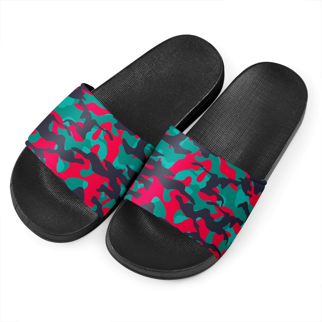 Pink Teal And Black Camouflage Print Black Slide Sandals