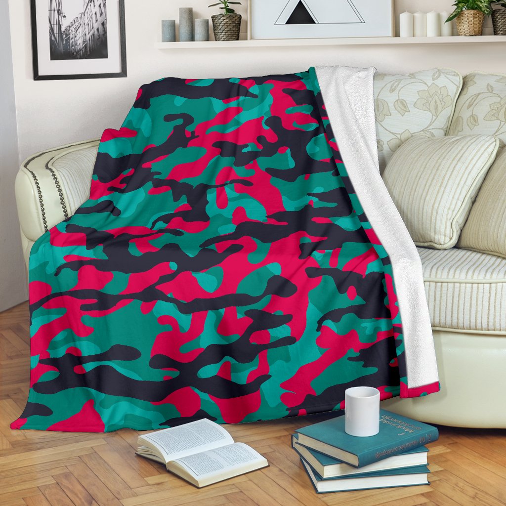 Pink Teal And Black Camouflage Print Blanket