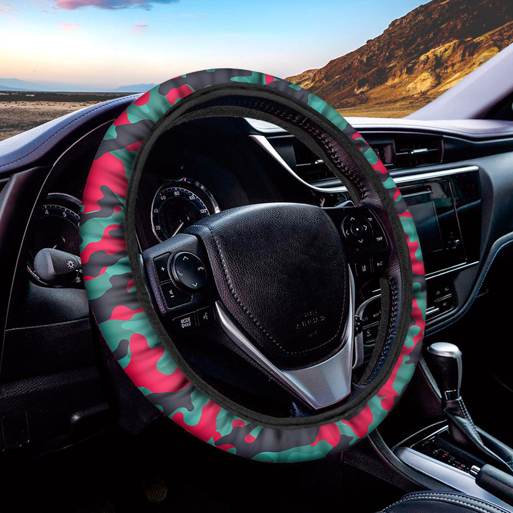 Pink Teal And Black Camouflage Print Car Steering Wheel Cover