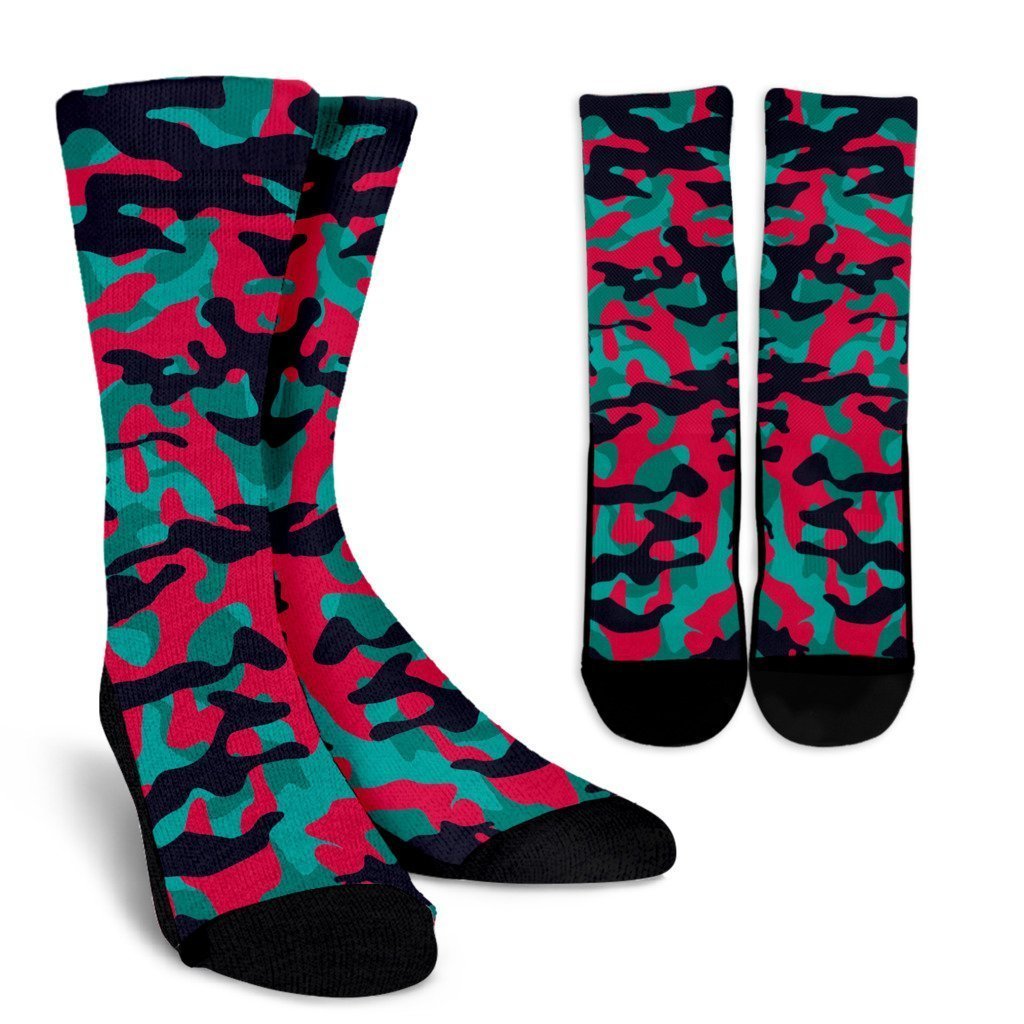 Pink Teal And Black Camouflage Print Crew Socks