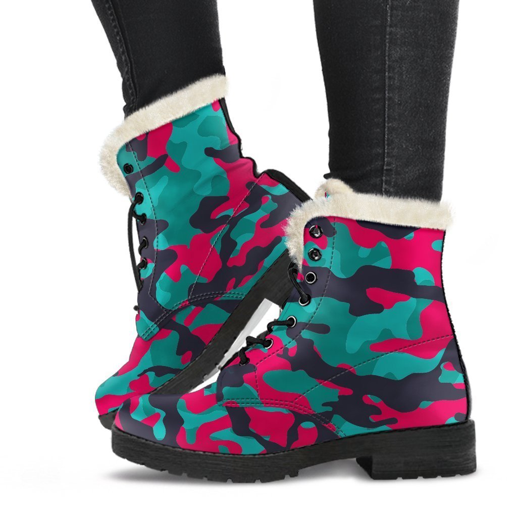 Pink Teal And Black Camouflage Print Faux Fur Leather Boots