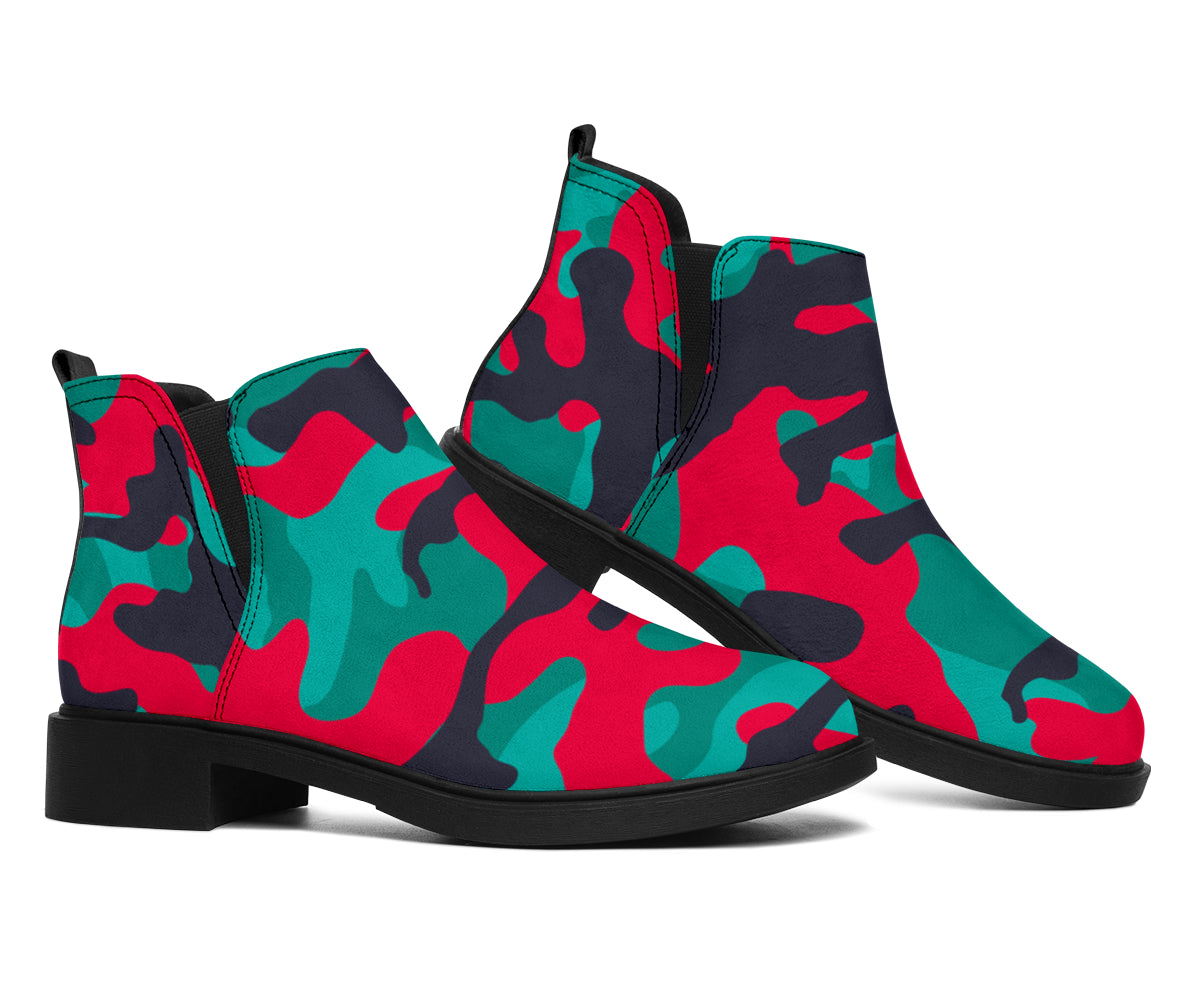 Pink Teal And Black Camouflage Print Flat Ankle Boots