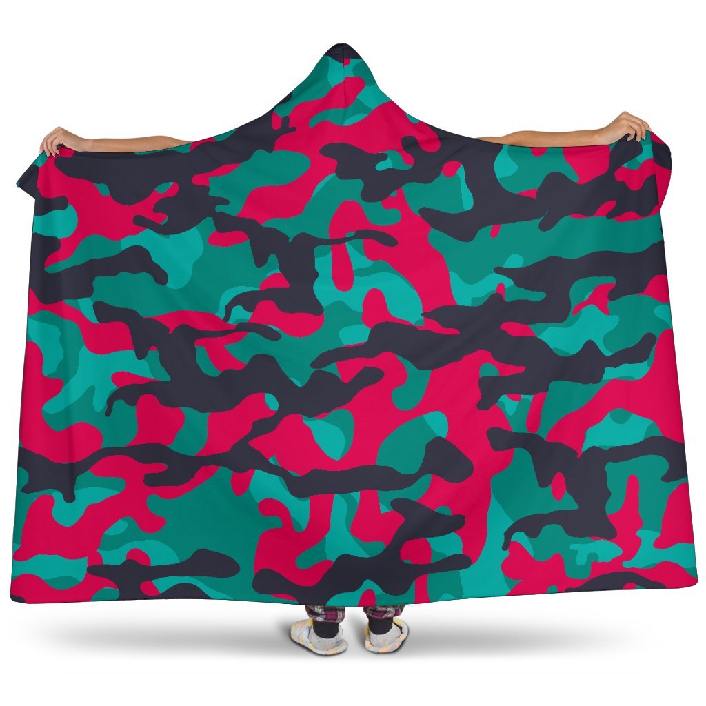 Pink Teal And Black Camouflage Print Hooded Blanket