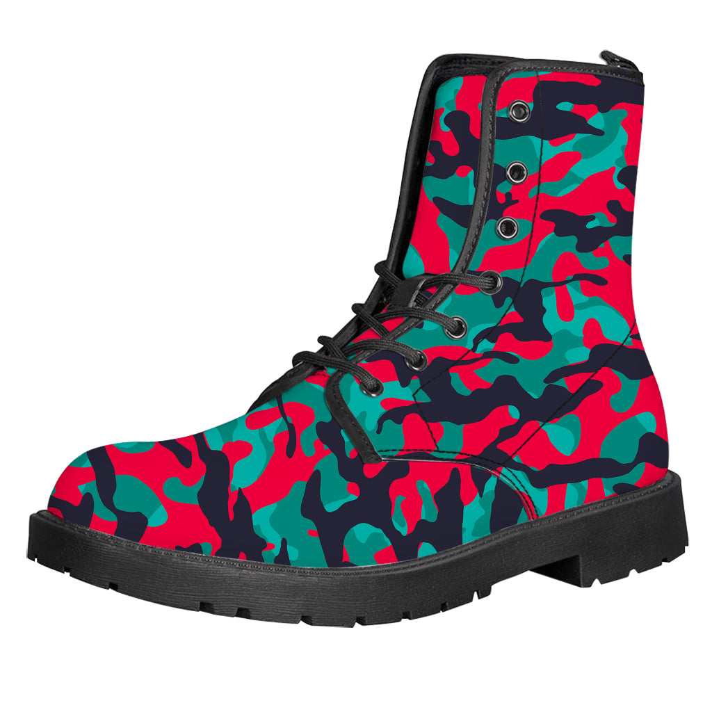 Pink Teal And Black Camouflage Print Leather Boots