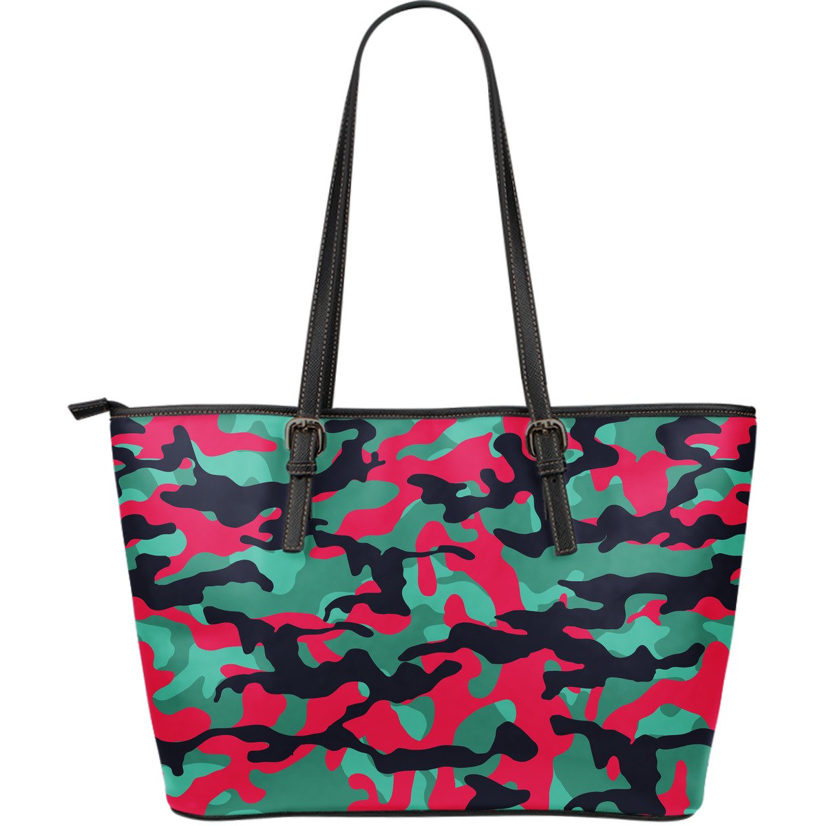 Pink Teal And Black Camouflage Print Leather Tote Bag