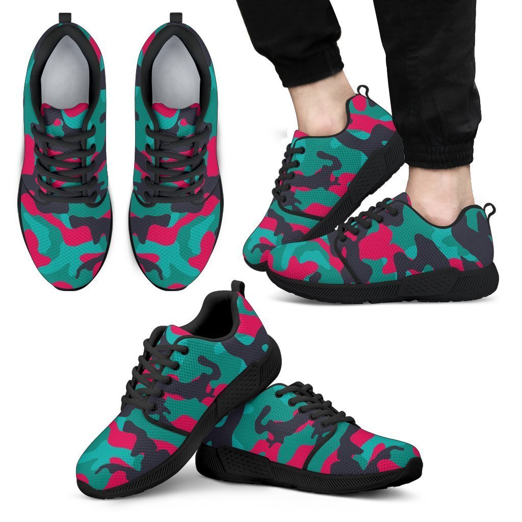 Pink Teal And Black Camouflage Print Men's Athletic Shoes