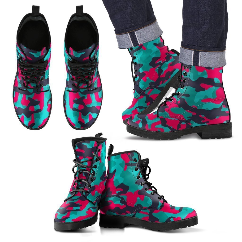 Pink Teal And Black Camouflage Print Men's Boots