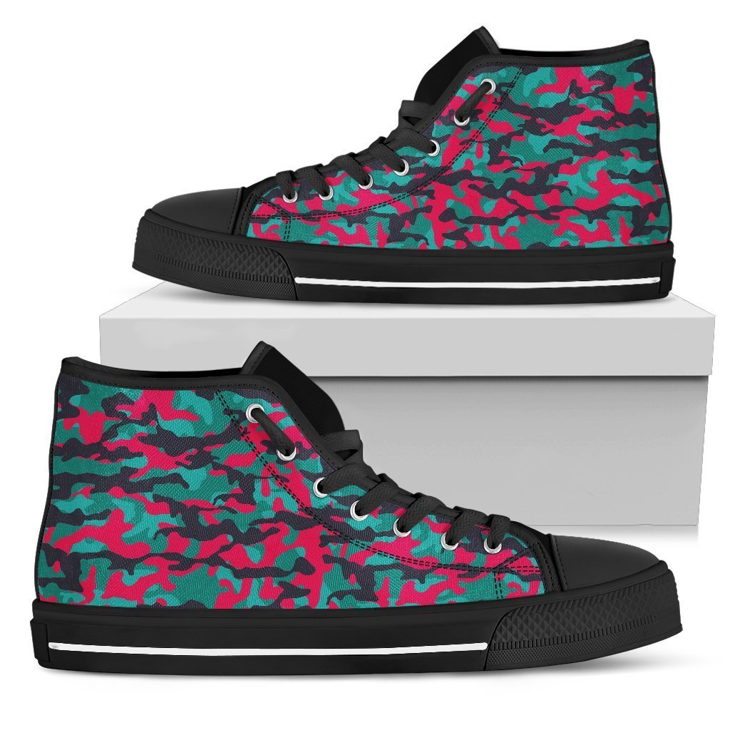 Pink Teal And Black Camouflage Print Men's High Top Shoes