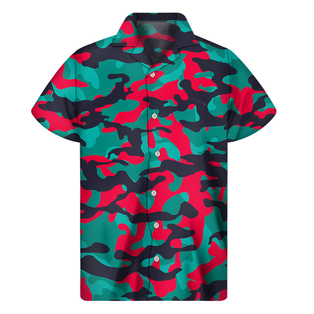 Pink Teal And Black Camouflage Print Men's Short Sleeve Shirt