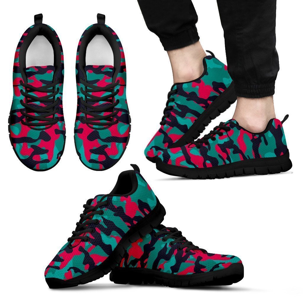 Pink Teal And Black Camouflage Print Men's Sneakers