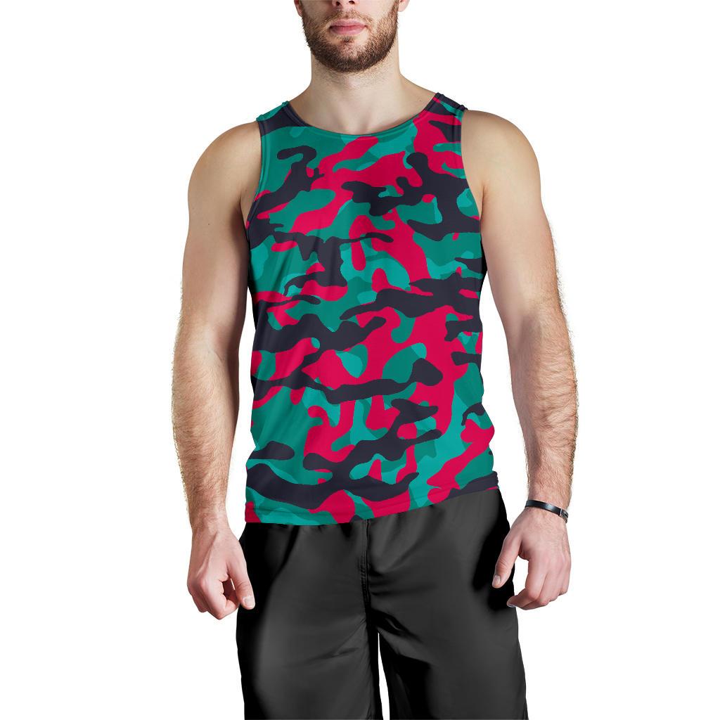 Pink Teal And Black Camouflage Print Men's Tank Top