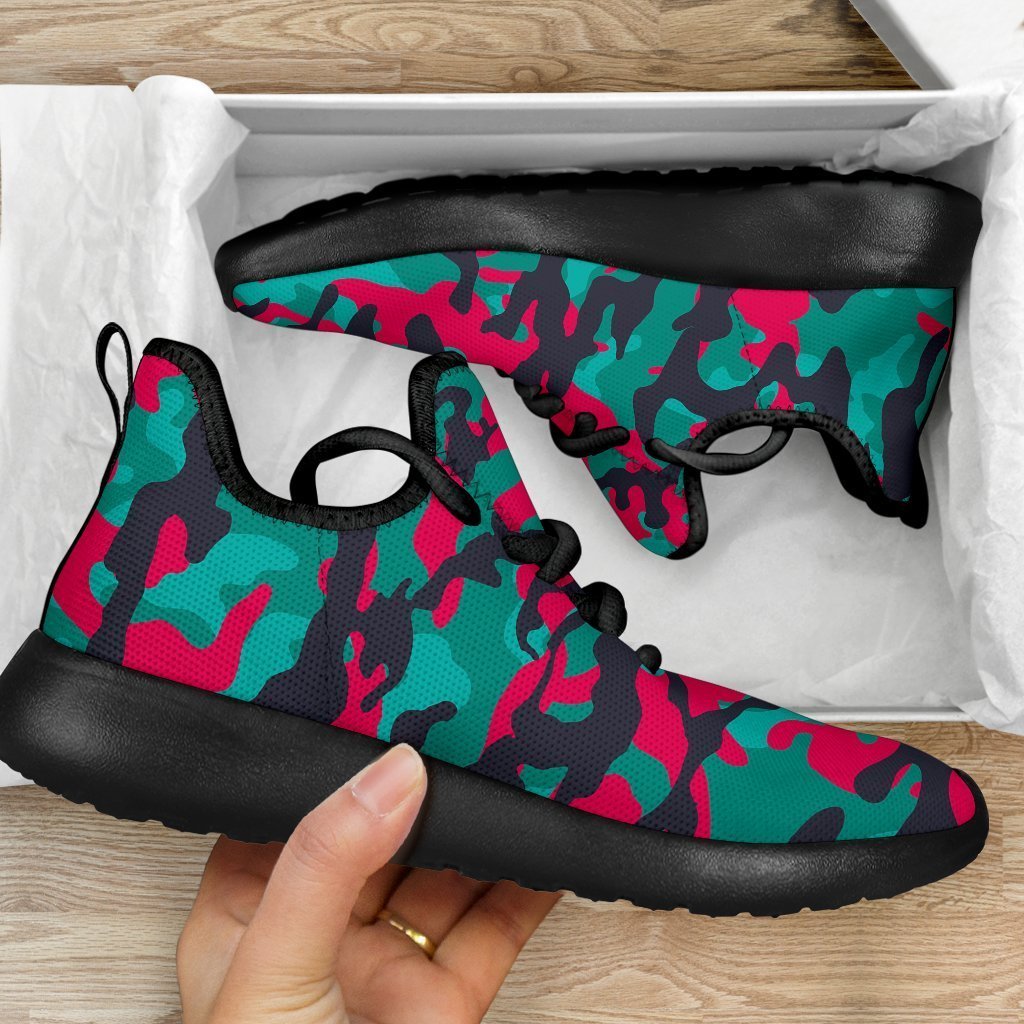 Pink Teal And Black Camouflage Print Mesh Knit Shoes