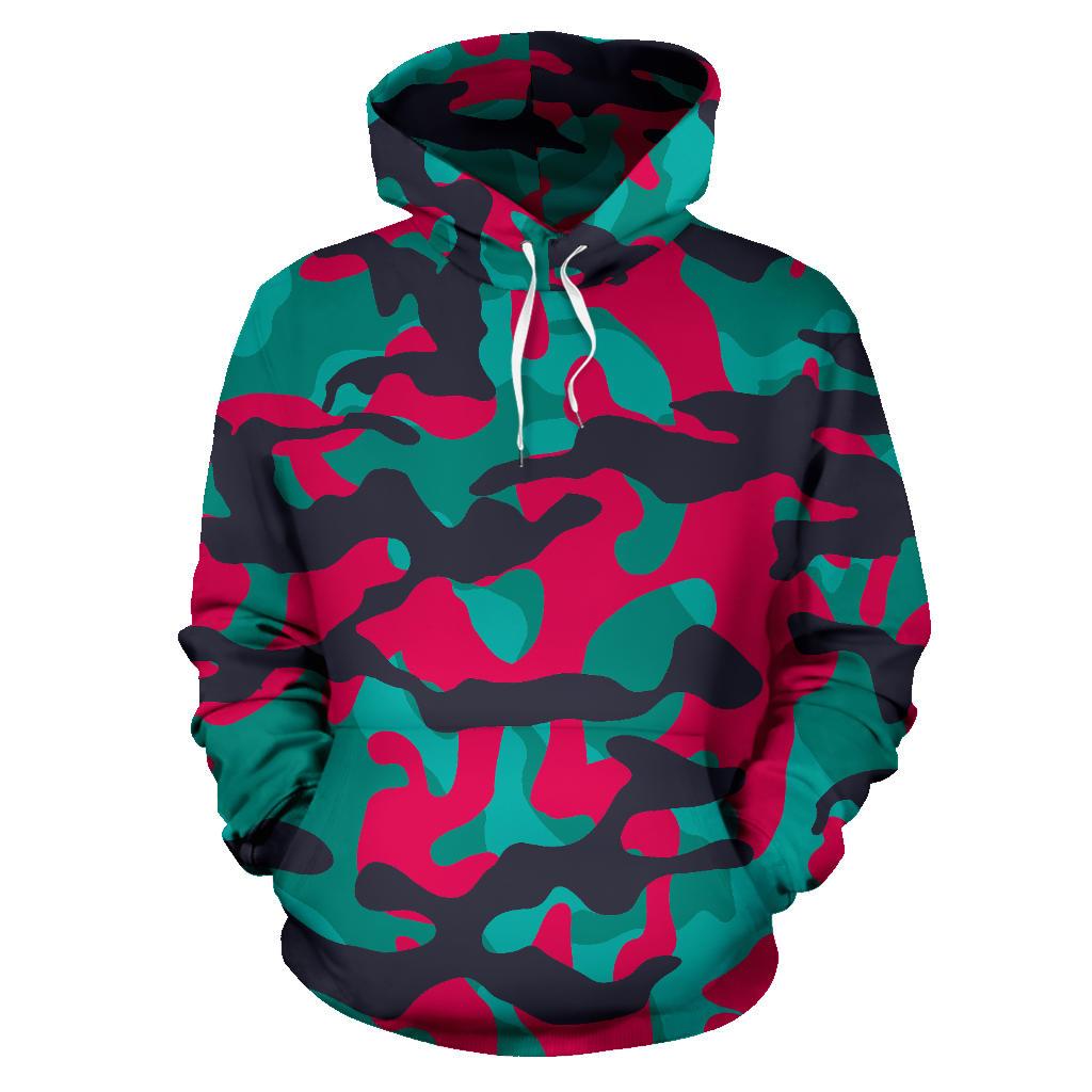 Pink Teal And Black Camouflage Print Pullover Hoodie