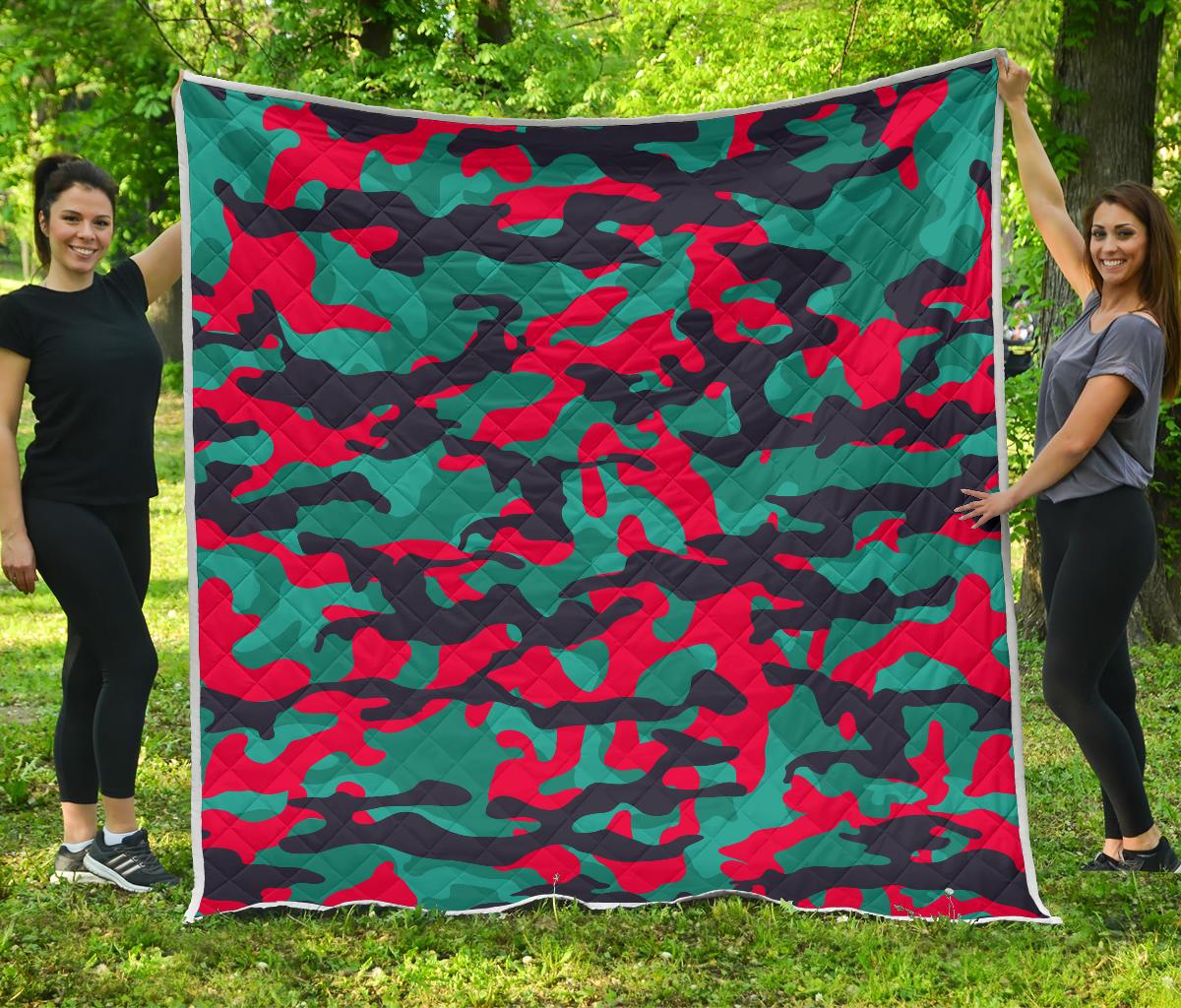 Pink Teal And Black Camouflage Print Quilt