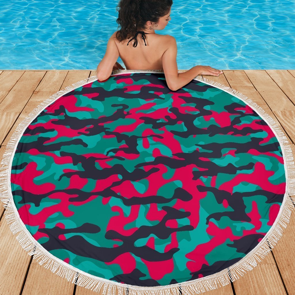 Pink Teal And Black Camouflage Print Round Beach Blanket