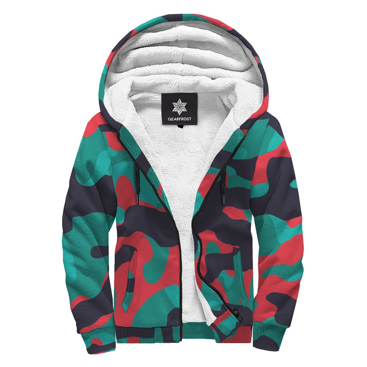 Pink Teal And Black Camouflage Print Sherpa Lined Fleece Hoodie