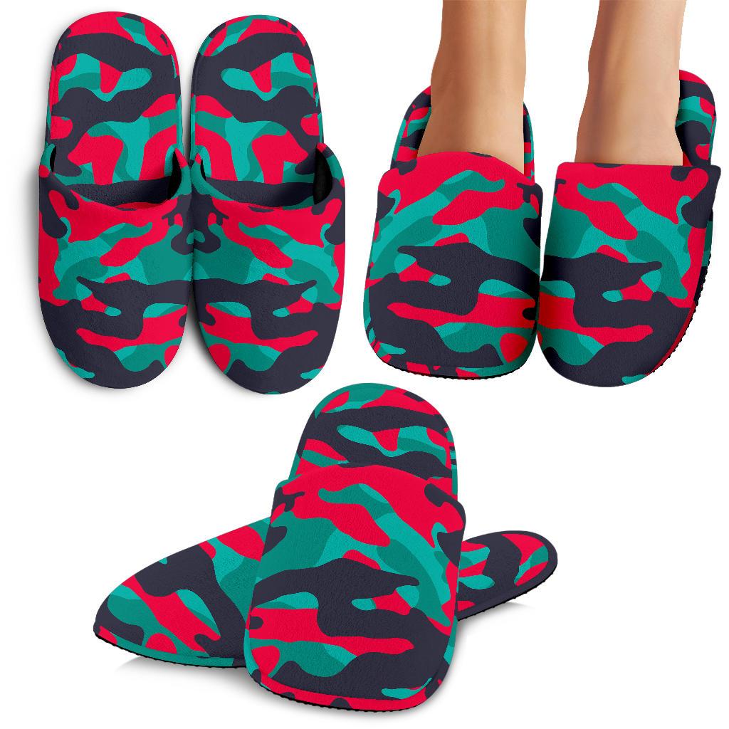 Pink Teal And Black Camouflage Print Slippers