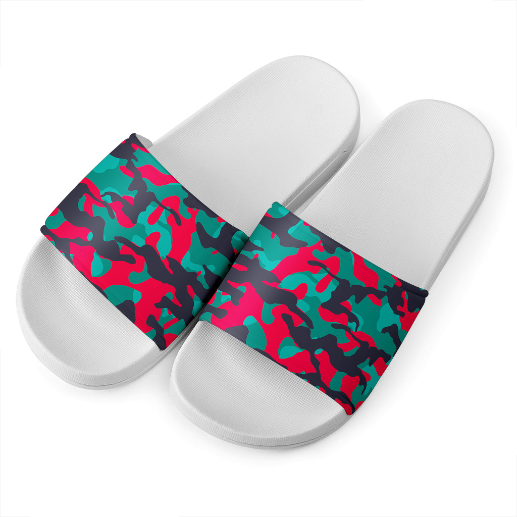 Pink Teal And Black Camouflage Print White Slide Sandals