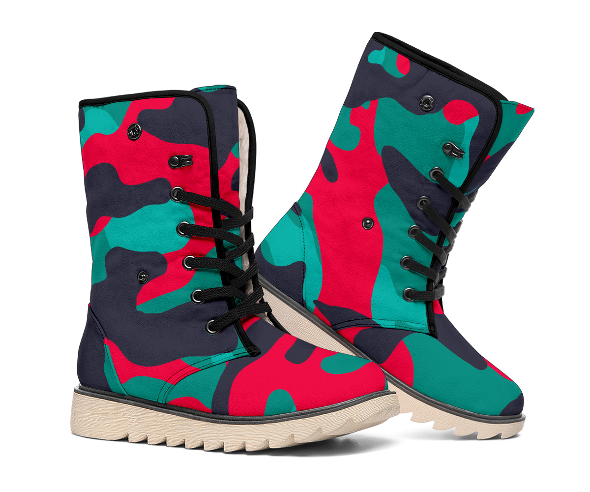 Pink Teal And Black Camouflage Print Winter Boots