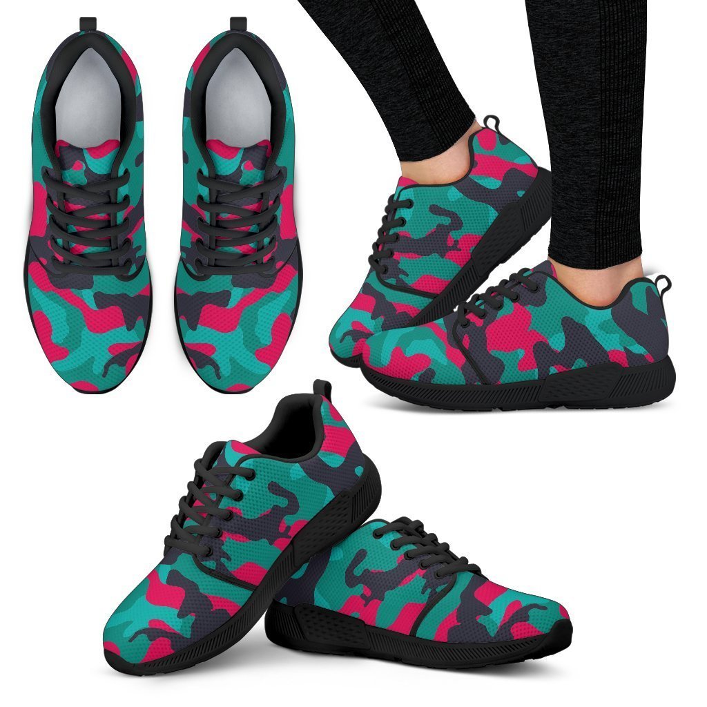 Pink Teal And Black Camouflage Print Women's Athletic Shoes