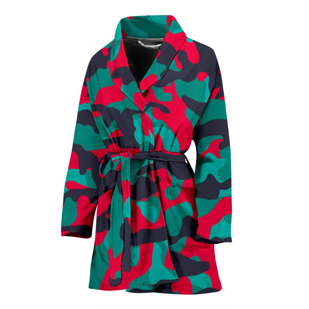 Pink Teal And Black Camouflage Print Women's Bathrobe