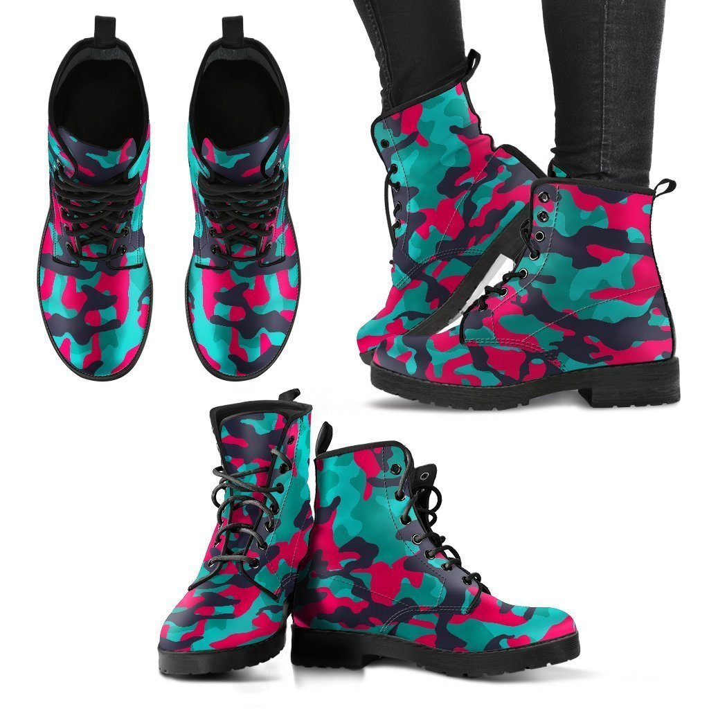 Pink Teal And Black Camouflage Print Women's Boots