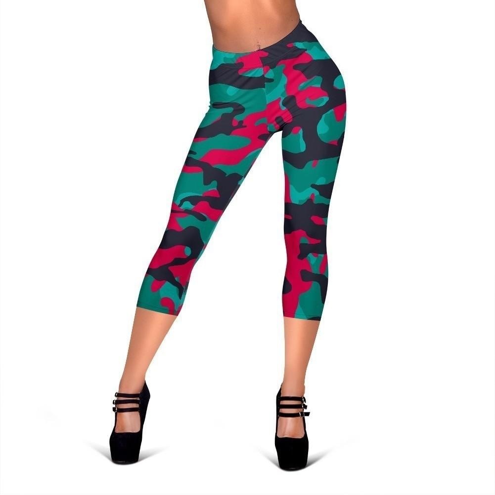 Pink Teal And Black Camouflage Print Women's Capri Leggings