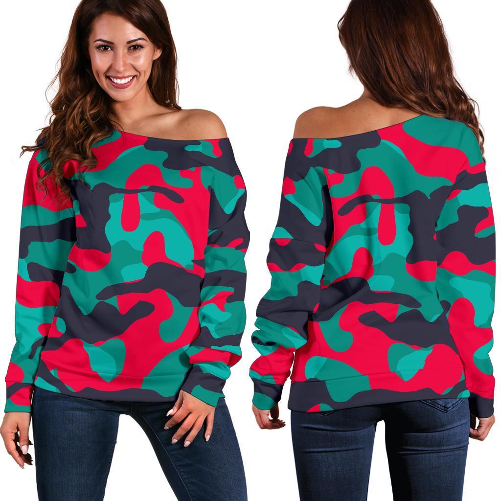 Pink Teal And Black Camouflage Print Women's Off-Shoulder Sweatshirt