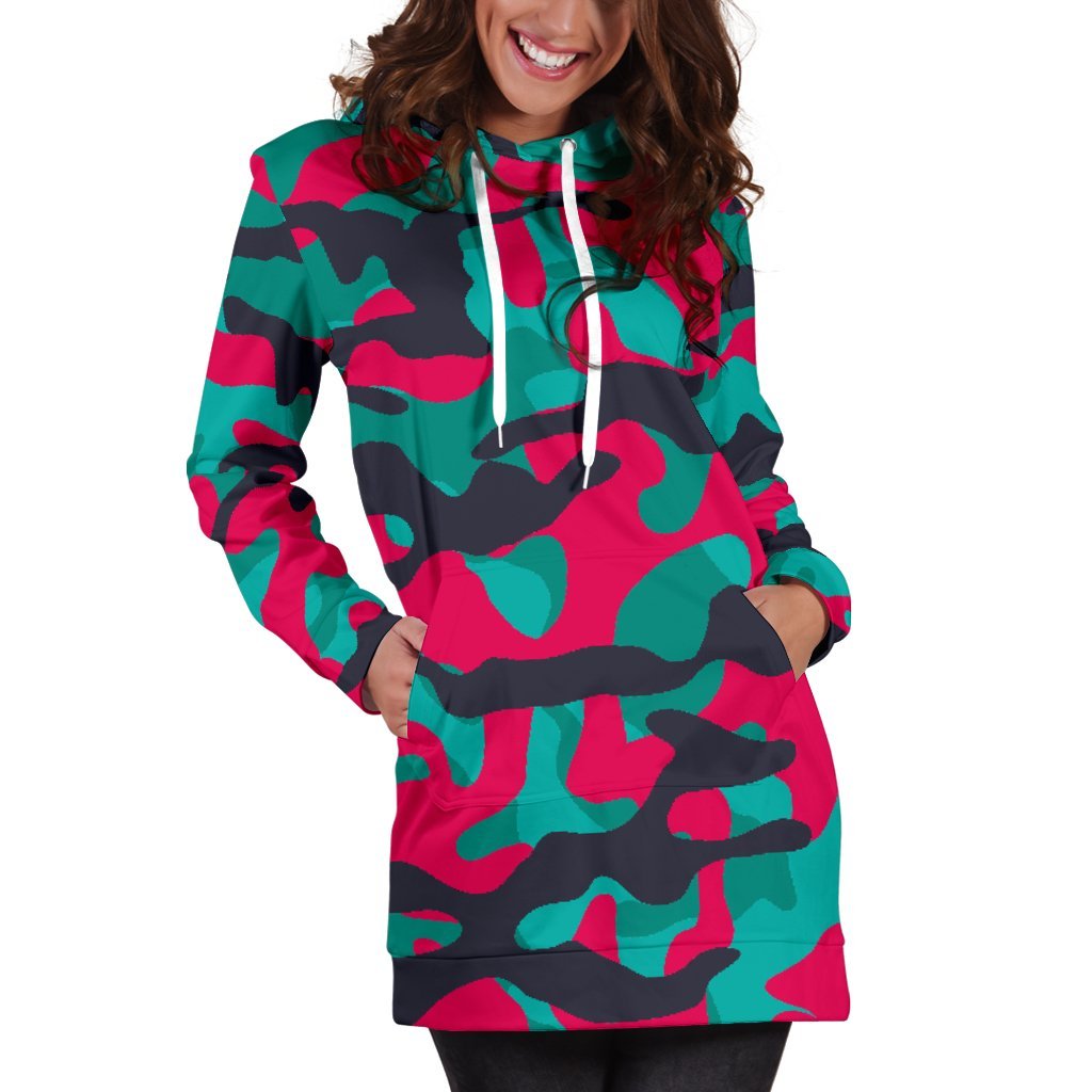 Pink Teal And Black Camouflage Print Women's Pullover Hoodie Dress