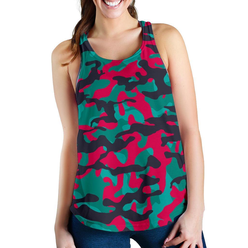 Pink Teal And Black Camouflage Print Women's Racerback Tank Top