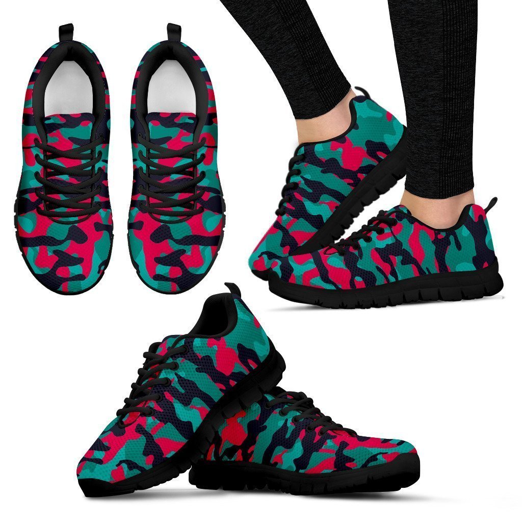 Pink Teal And Black Camouflage Print Women's Sneakers